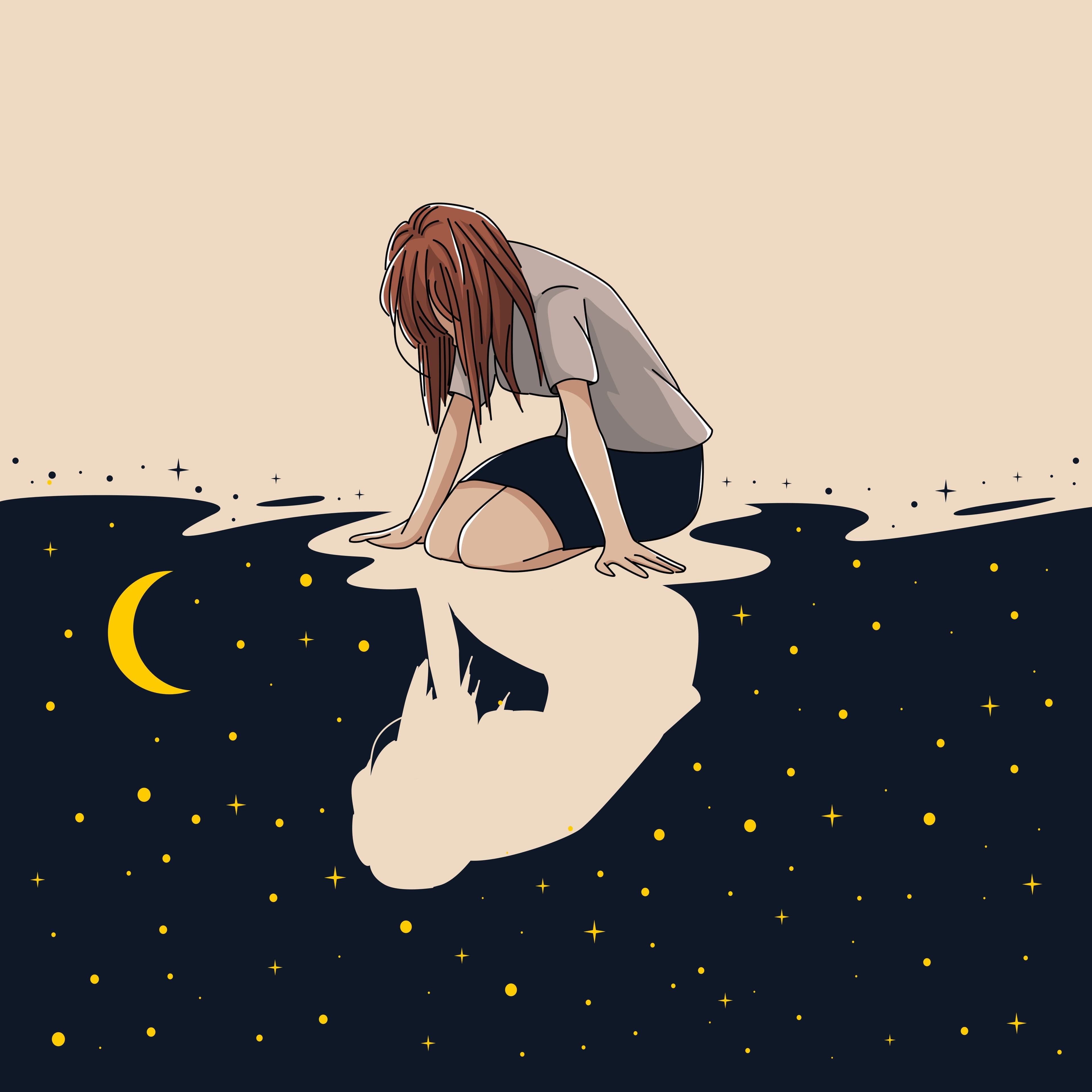 A woman contemplating her reflection in starlit waters
