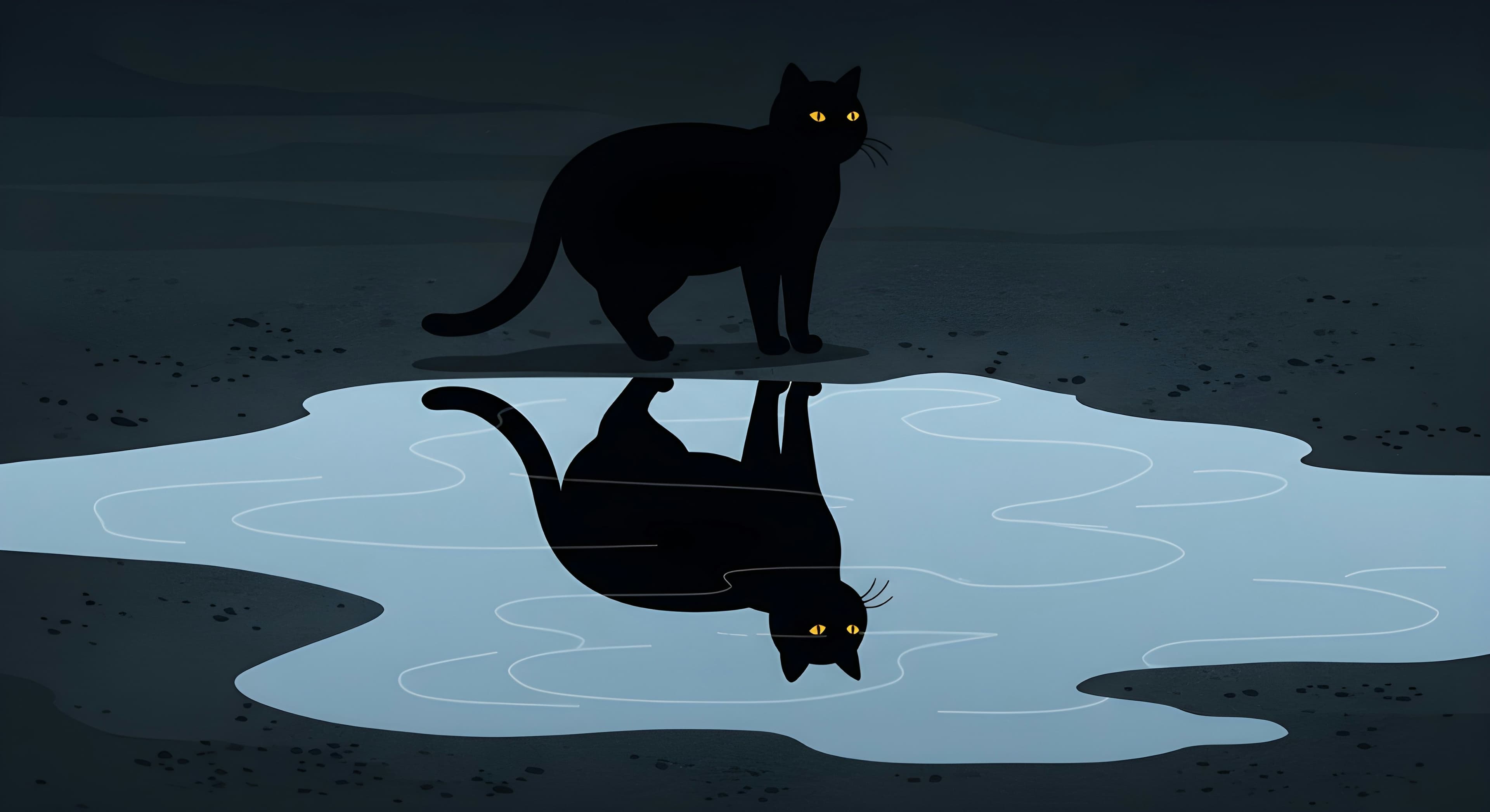 A black cat looking at its reflection in water